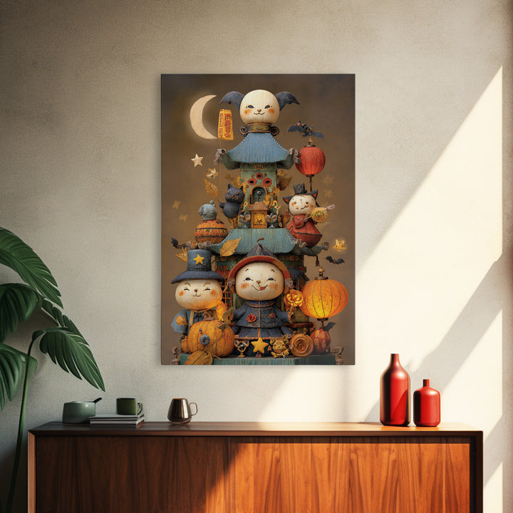 The Festival Of The Little Old Ones, Plush Halloween Art, Vertical Wall Art, Canvas Print, Cute Halloween Wall Art