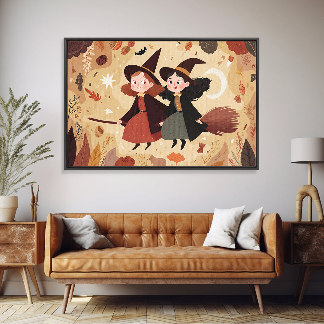 The Twin Broomstick Witches, Kawaii Halloween Art, Landscape Wall Art, Framed Canvas Print, Cute Halloween Wall Art