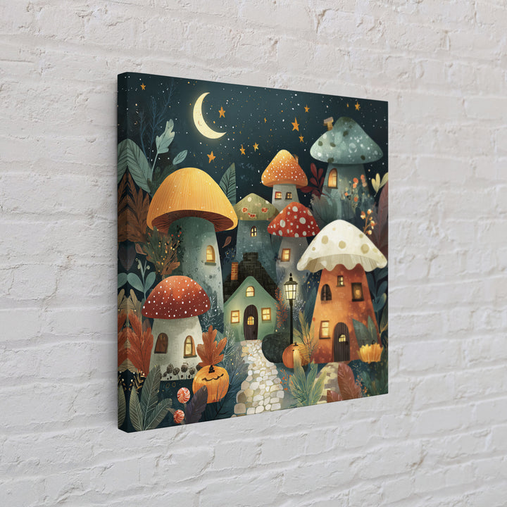 The Lantern-Lit Mushroom Village, Retro Halloween Art, Square Wall Art, Canvas Print, Cute Halloween Wall Art
