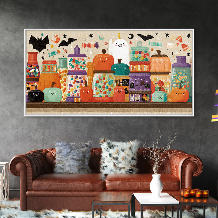 The Jellybean Potion Shop, Screenprint Halloween Art, Wide Panoramic Art, Framed Canvas Print, Cute Halloween Wall Art