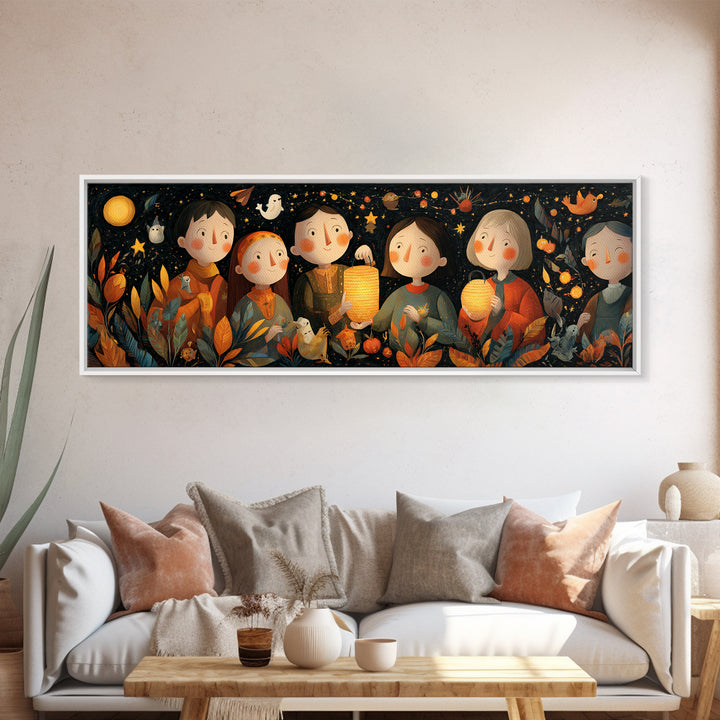 The Lantern-Making Festival, Folk Halloween Art, Extra Wide Wall Art, Canvas Print, Cute Halloween Wall Art