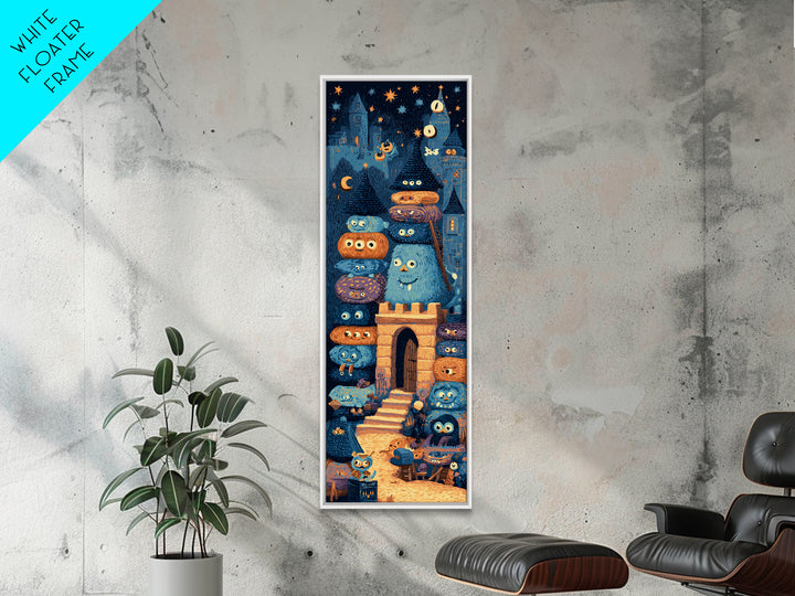 The Great Monster Pajama Party, Linocut Halloween Art, Tall Narrow Wall Art, Framed Canvas Print, Cute Halloween Wall Art