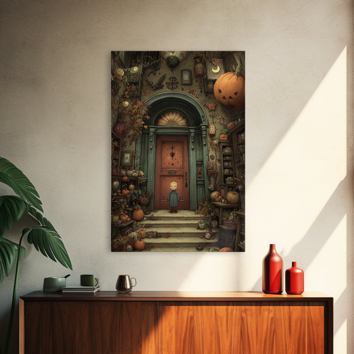 The Thirteenth Door Of Arkham House, Embroidered Halloween Art, Vertical Wall Art, Canvas Print, Cute Halloween Wall Art