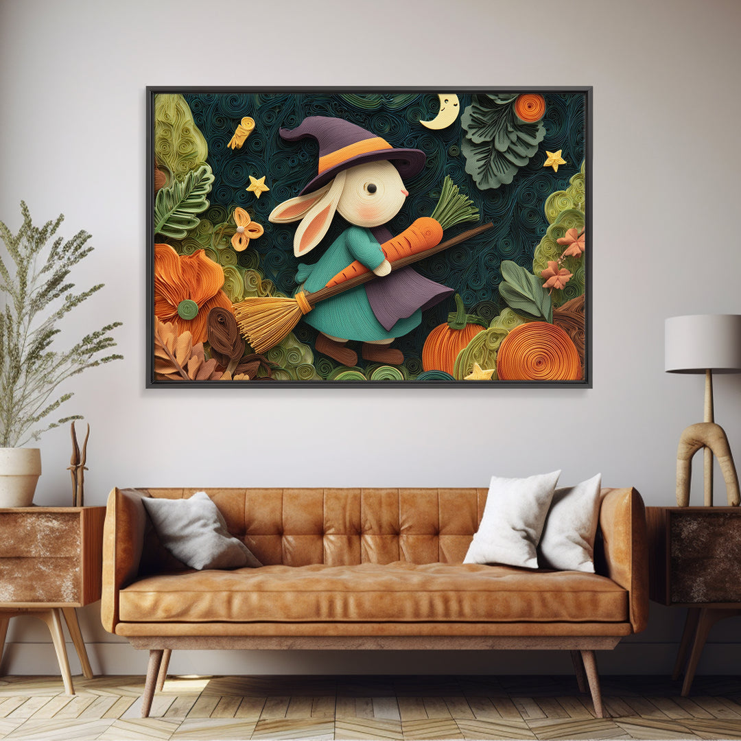 The Bunny Witch, Quilled Halloween Art, Landscape Wall Art, Framed Canvas Print, Cute Halloween Wall Art