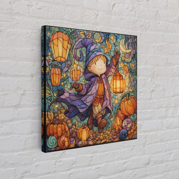 The Lantern-Light Wizard, Stained Glass Halloween, Square Wall Art, Canvas Print, Cute Halloween Wall Art