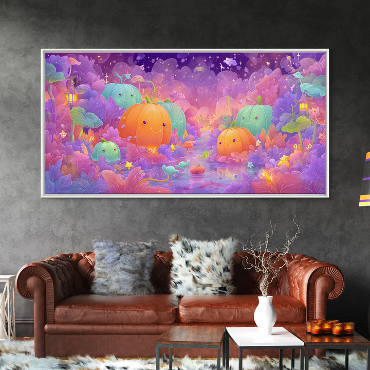 The Pumpkin Fairy Garden, Vaporwave Halloween Art, Wide Panoramic Art, Framed Canvas Print, Cute Halloween Wall Art