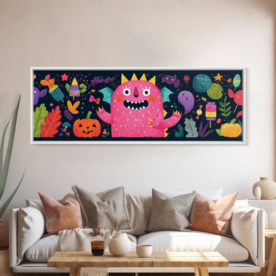 The Polka-Dot Monster, Pixel Halloween Art, Extra Wide Wall Art, Canvas Print, Cute Halloween Wall Art
