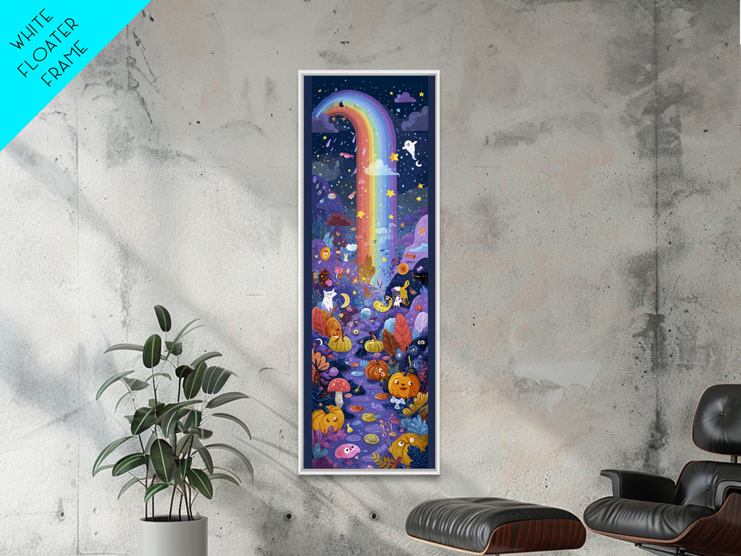 The Rainbow After The Halloween Rain, Vector Halloween Art, Tall Narrow Wall Art, Framed Canvas Print, Cute Halloween Wall Art