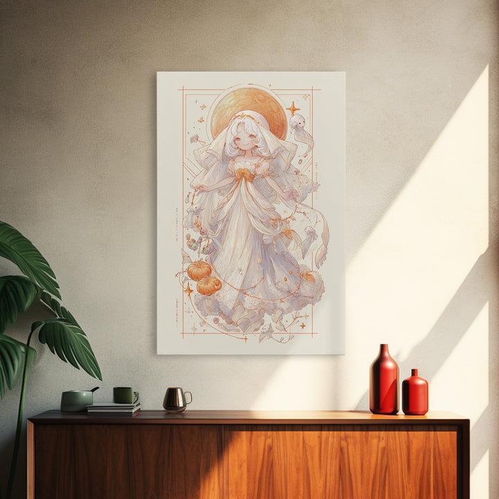 The Bride Of The Abyssal Moon, Hand Sketch Halloween Art, Vertical Wall Art, Canvas Print, Cute Halloween Wall Art