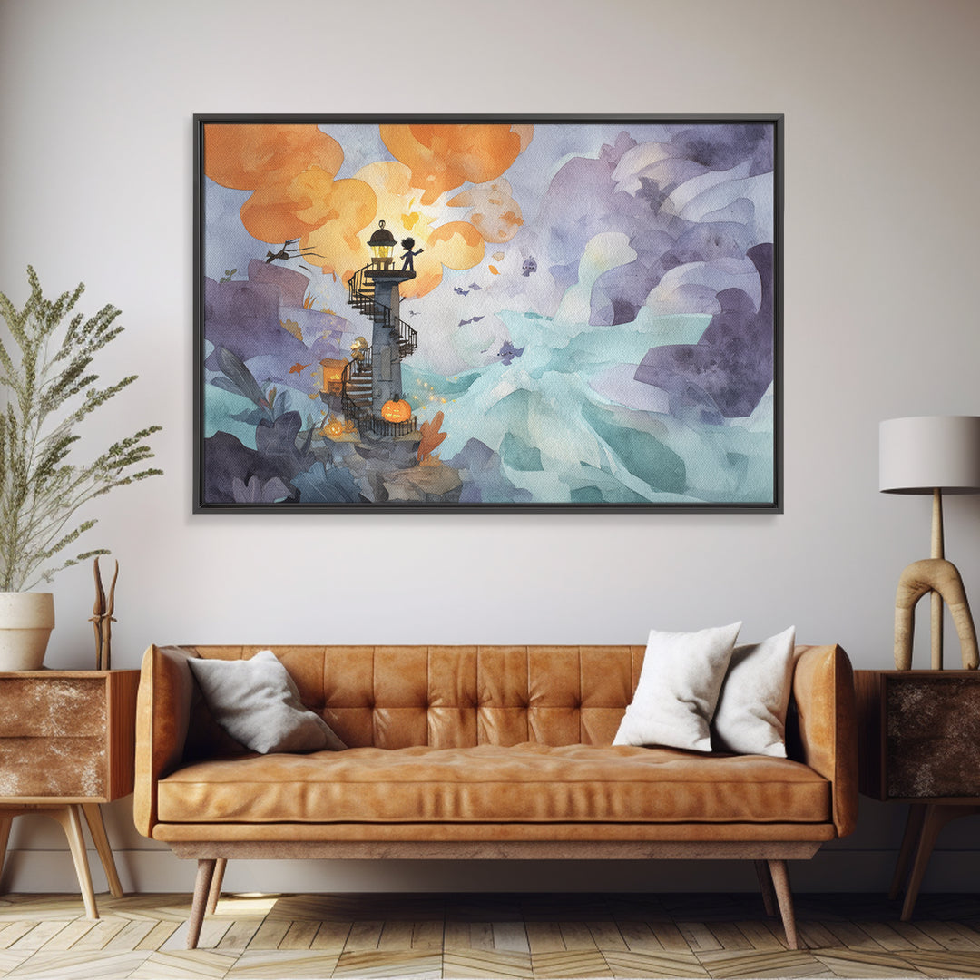 The Last Lighthouse Of Y’Ha-Nthlei, Watercolor Halloween Art, Landscape Wall Art, Framed Canvas Print, Cute Halloween Wall Art