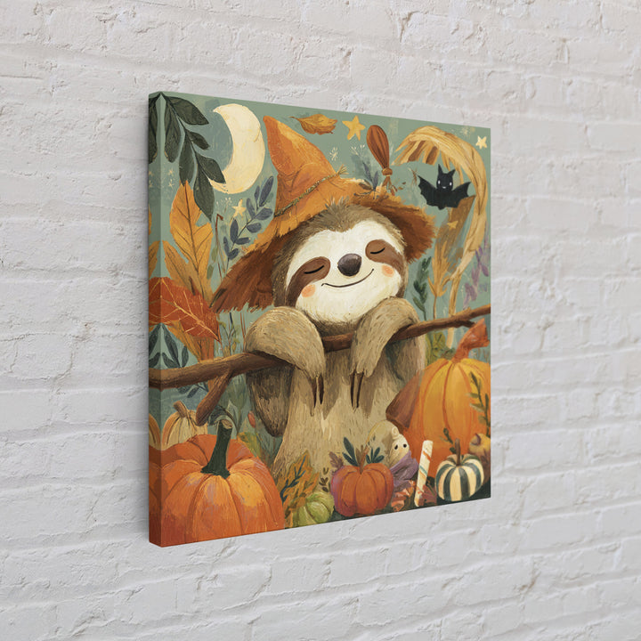 The Scarecrow Sloth, Gouache Halloween Art, Square Wall Art, Canvas Print, Cute Halloween Wall Art, Halloween Kids Decor