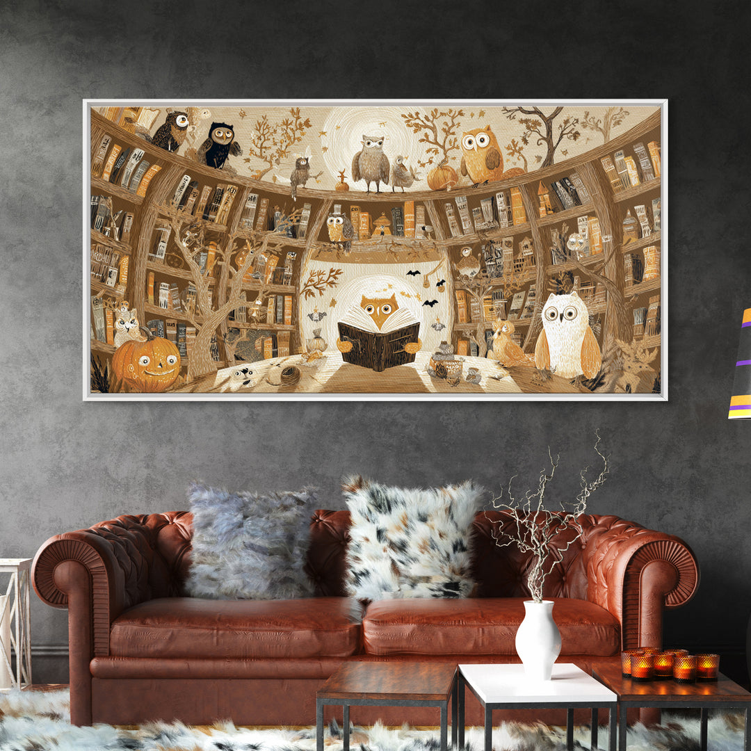 The Moonbeam Library, Crayon Halloween Art, Wide Panoramic Art, Framed Canvas Print, Cute Halloween Wall Art