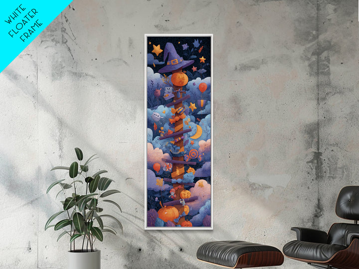 The Broomstick Obstacle Course, Paper Collage Halloween, Tall Narrow Wall Art, Framed Canvas Print, Cute Halloween Wall Art