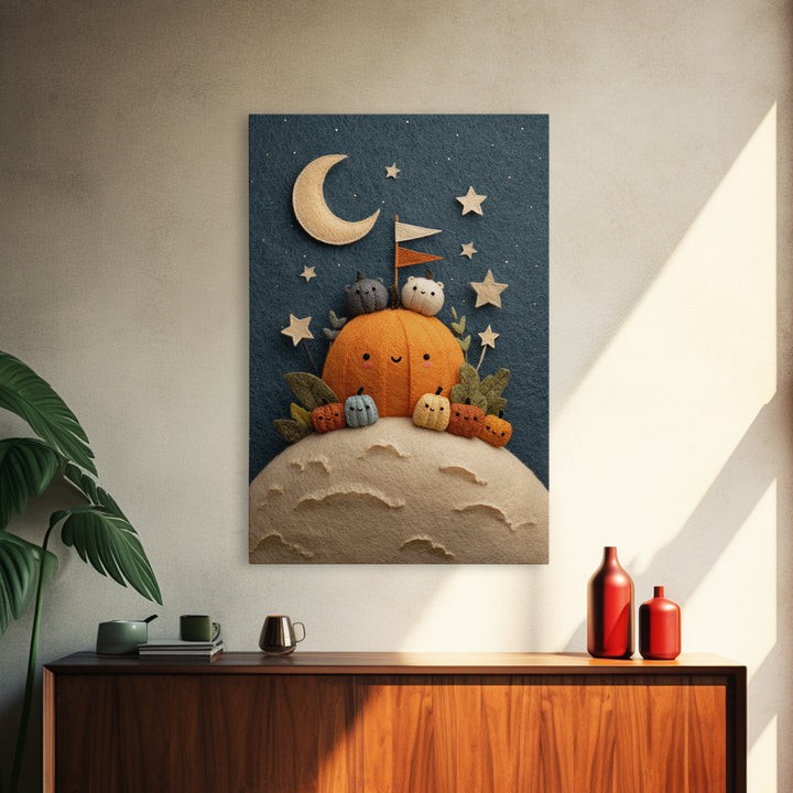 The Pumpkin Moon Expedition, Felt Halloween Art, Vertical Wall Art, Canvas Print, Cute Halloween Wall Art