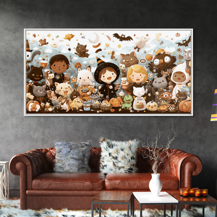 The Friendly Familiar Club, Kawaii Halloween Art, Wide Panoramic Art, Framed Canvas Print, Cute Halloween Wall Art