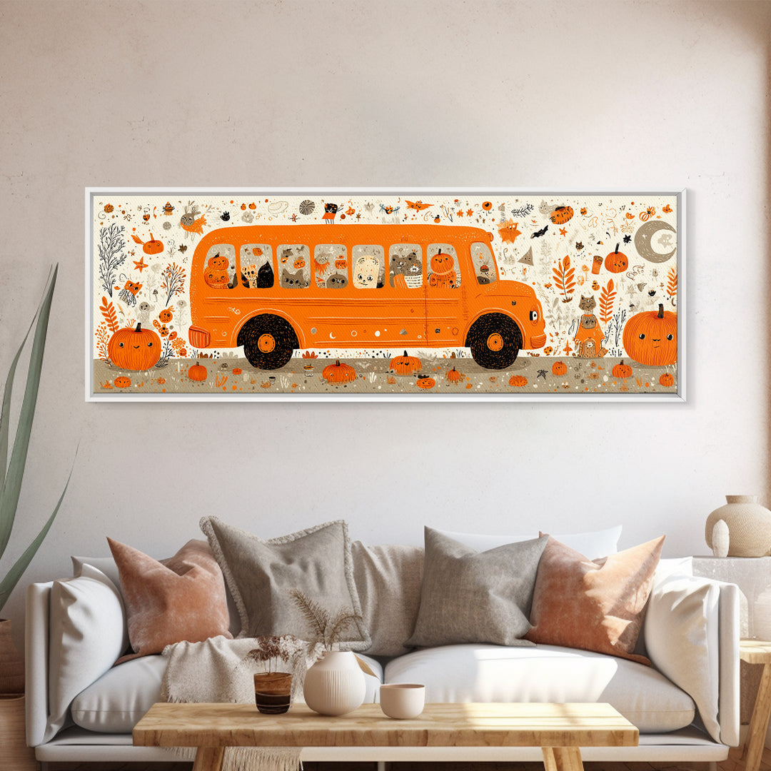 The Pumpkin School Bus, Retro Halloween Art, Extra Wide Wall Art, Canvas Print, Cute Halloween Wall Art