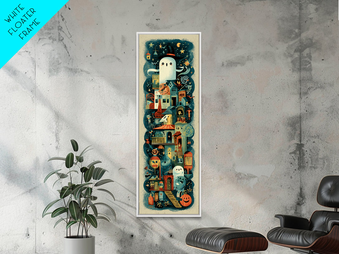 The Ghost Mail Carrier, Screenprint Halloween Art, Tall Narrow Wall Art, Framed Canvas Print, Cute Halloween Wall Art