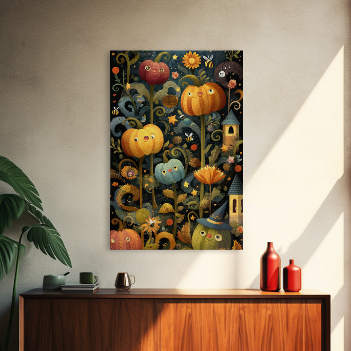 The Pumpkin Flower Garden, Folk Halloween Art, Vertical Wall Art, Canvas Print, Cute Halloween Wall Art