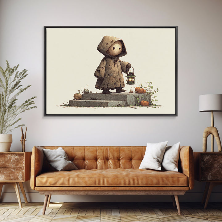 The Lantern-Bearer Of R’Lyeh, Linocut Halloween Art, Landscape Wall Art, Framed Canvas Print, Cute Halloween Wall Art, Storybook Decor
