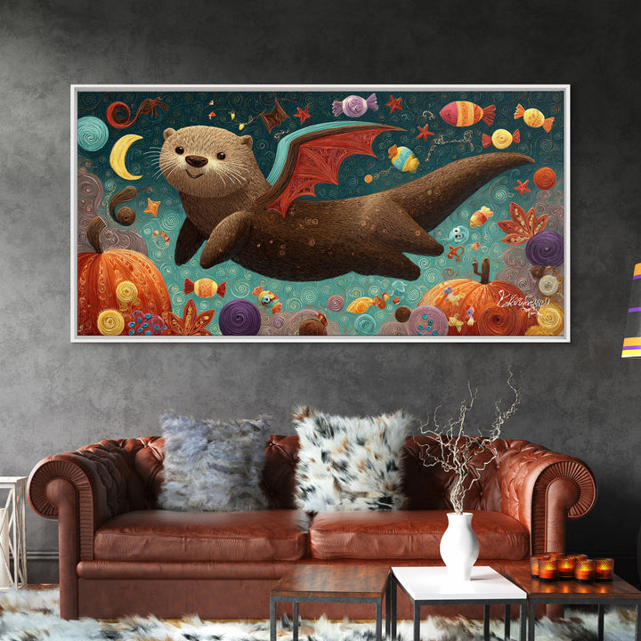 The Bat-Winged Otter, Quilled Halloween Art, Wide Panoramic Art, Framed Canvas Print, Cute Halloween Wall Art