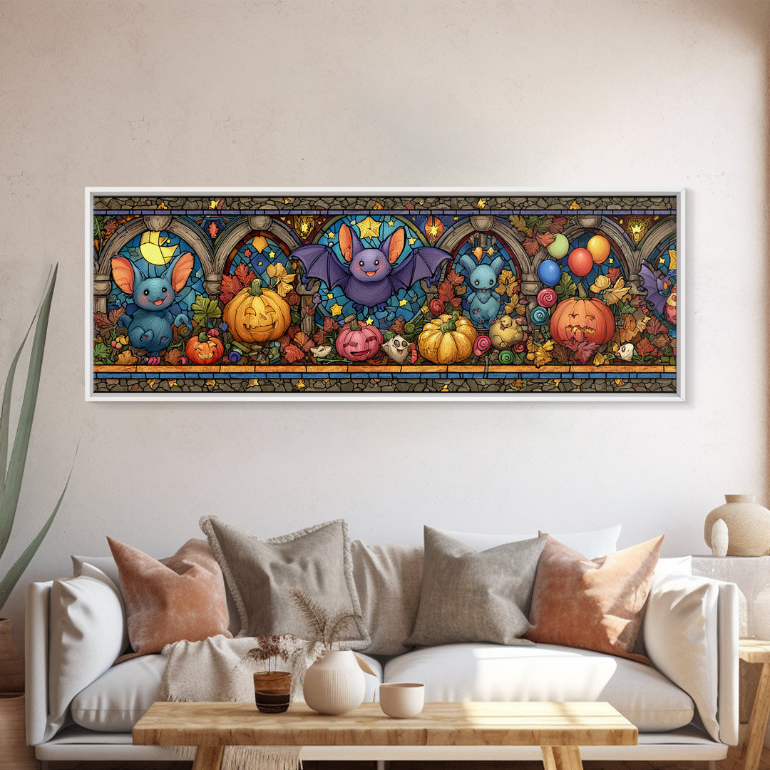 The Bat Balloon Factory, Stained Glass Halloween, Extra Wide Wall Art, Canvas Print, Cute Halloween Wall Art