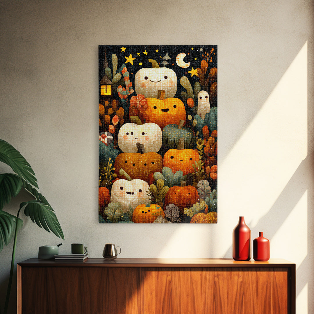 The Pumpkin Painting Party, Pixel Halloween Art, Vertical Wall Art, Canvas Print, Cute Halloween Wall Art