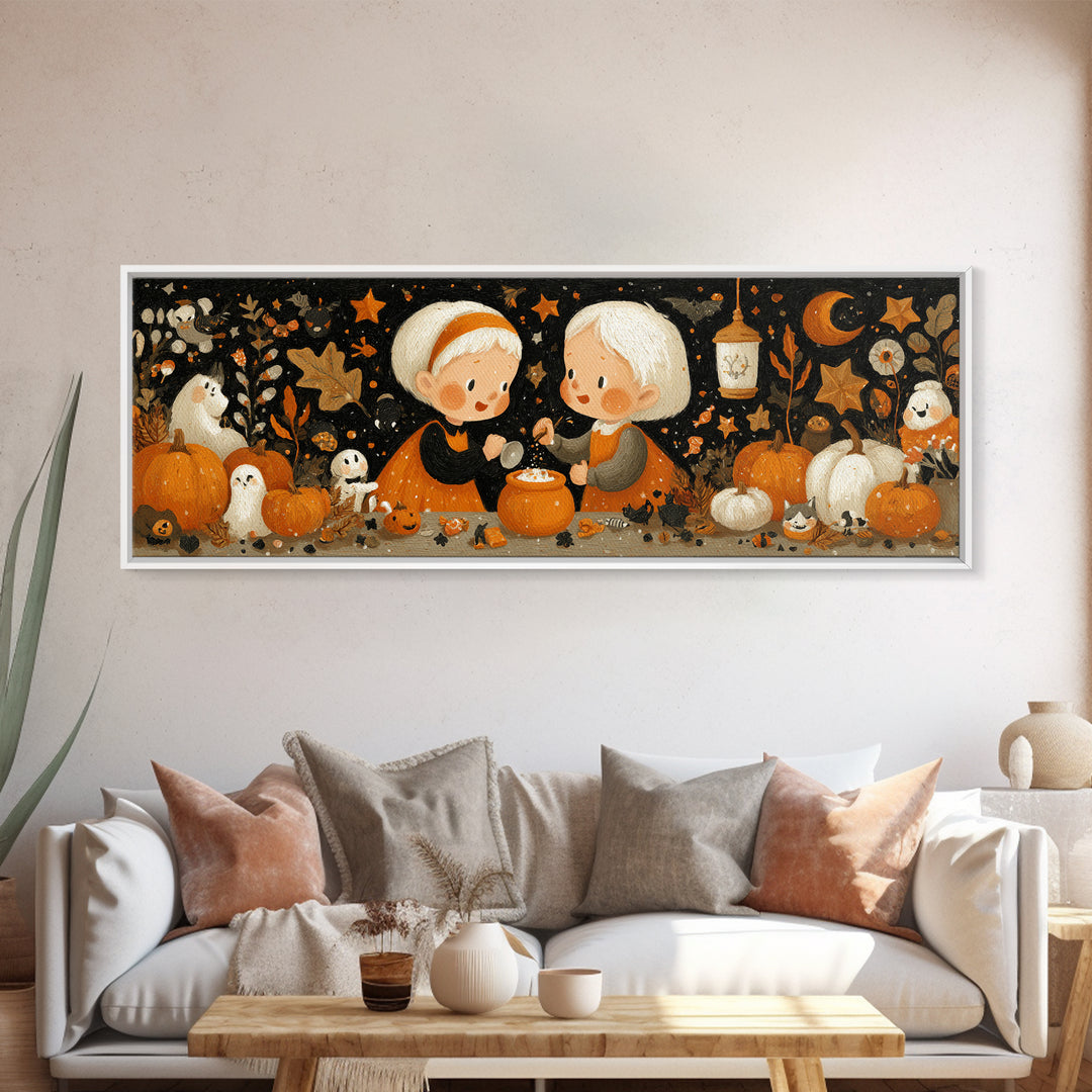 The Pumpkin Potion Twins, Gouache Halloween Art, Extra Wide Wall Art, Canvas Print, Cute Halloween Wall Art