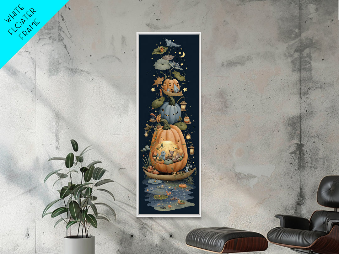 The Pumpkin Sailboat, Crayon Halloween Art, Tall Narrow Wall Art, Framed Canvas Print, Cute Halloween Wall Art