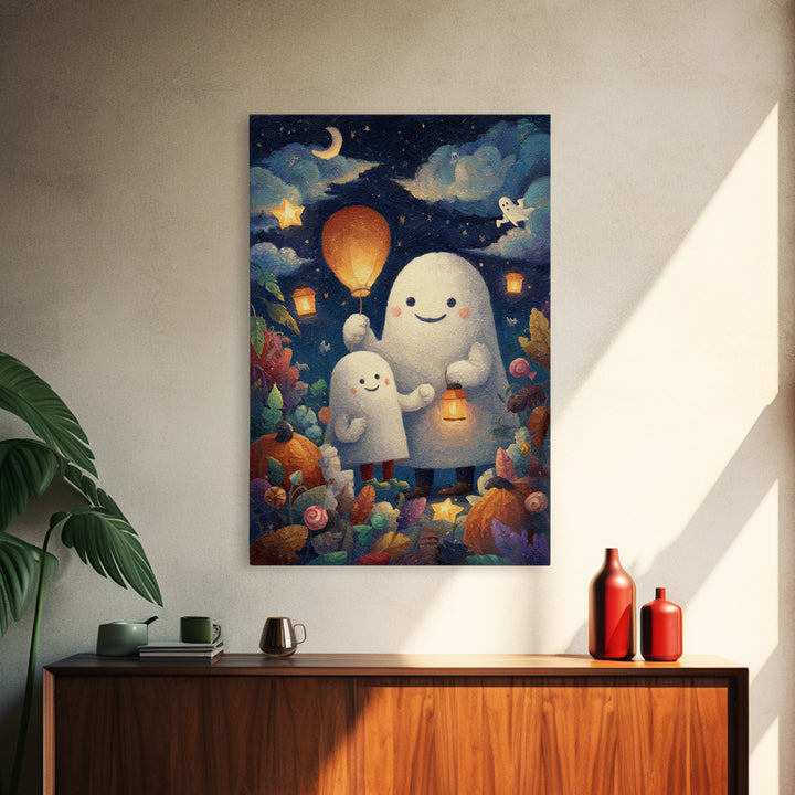 The Ghost Balloon Friend, Pastel Halloween Art, Vertical Wall Art, Canvas Print, Cute Halloween Wall Art