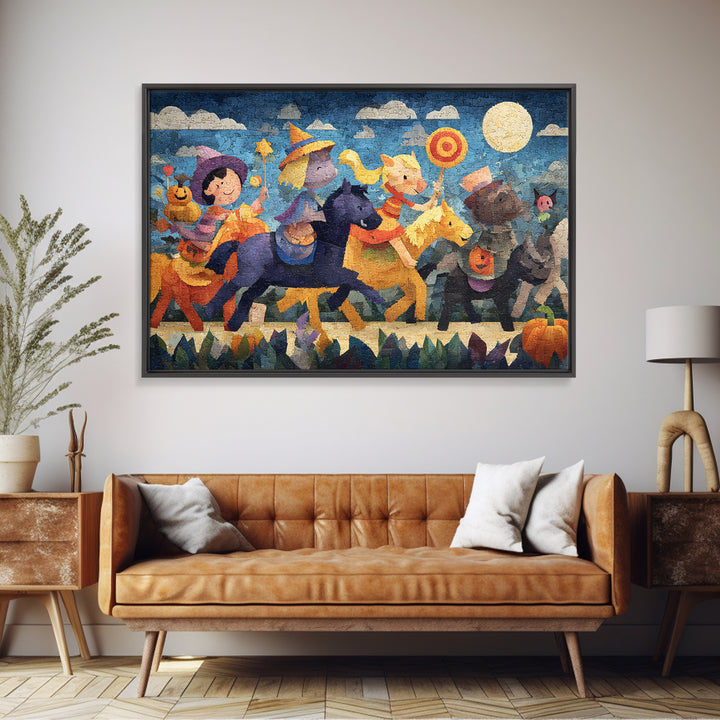 The Halloween Pet Parade, Paper Collage Halloween, Landscape Wall Art, Framed Canvas Print, Cute Halloween Wall Art