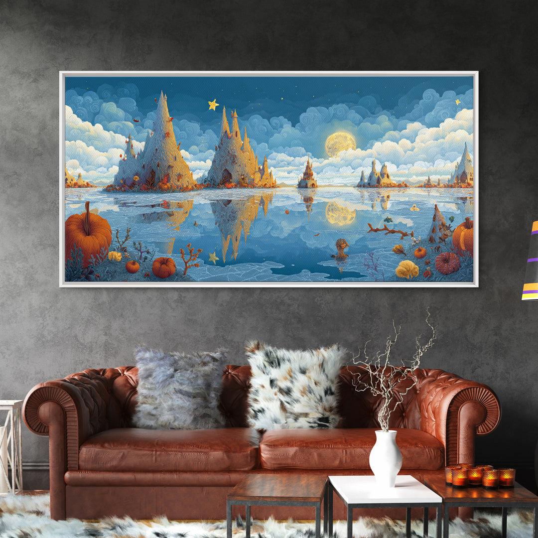 The Frost Beyond Carcosa, Clay Halloween Art, Wide Panoramic Art, Framed Canvas Print, Cute Halloween Wall Art
