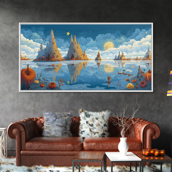 The Frost Beyond Carcosa, Clay Halloween Art, Wide Panoramic Art, Framed Canvas Print, Cute Halloween Wall Art