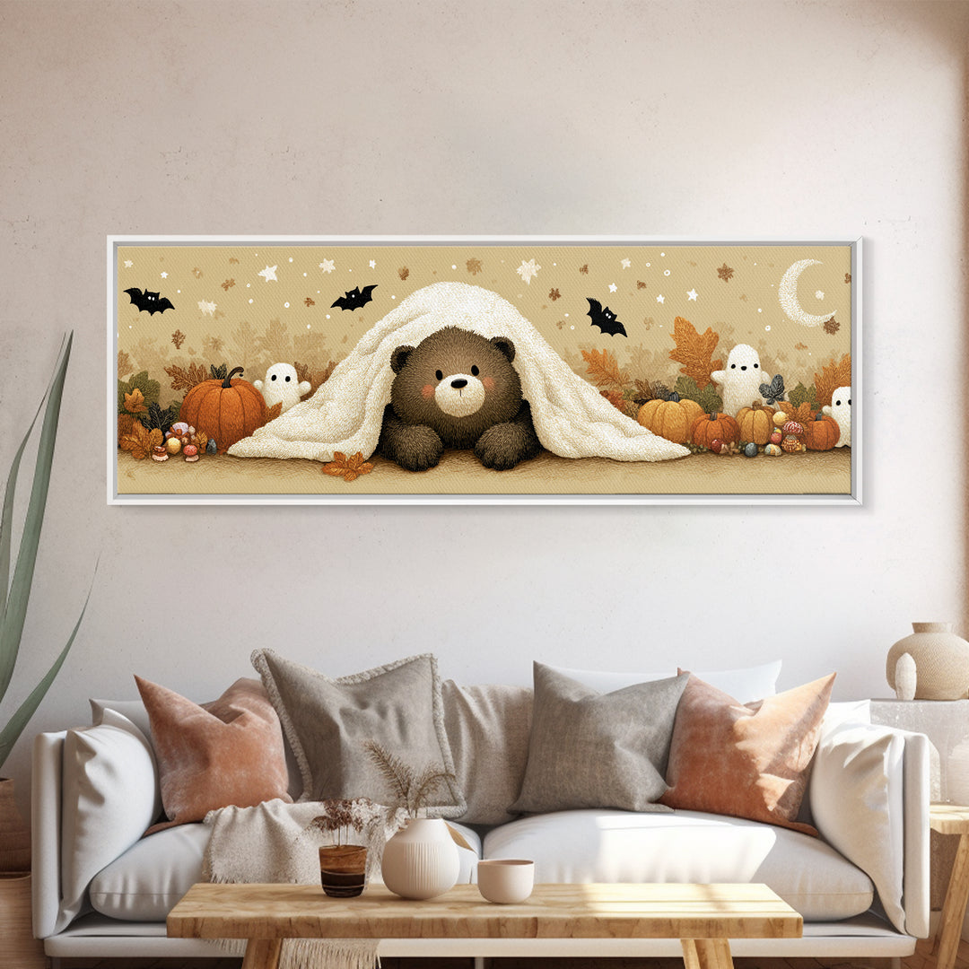 The Bear Cub Ghost, Plush Halloween Art, Extra Wide Wall Art, Canvas Print, Cute Halloween Wall Art, Cozy Autumn Kids Decor
