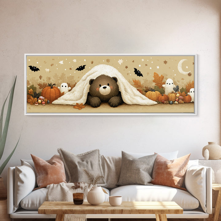 The Bear Cub Ghost, Plush Halloween Art, Extra Wide Wall Art, Canvas Print, Cute Halloween Wall Art, Cozy Autumn Kids Decor