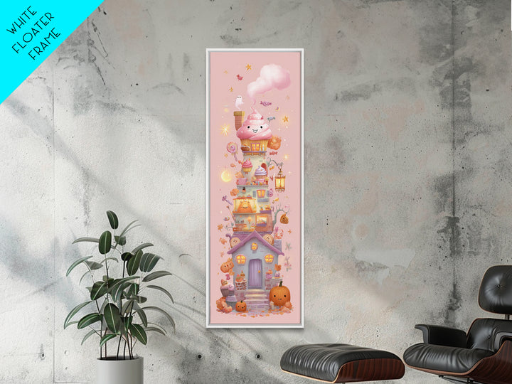 The Witch'S Cupcake Cottage, Kawaii Halloween Art, Tall Narrow Wall Art, Framed Canvas Print, Cute Halloween Wall Art