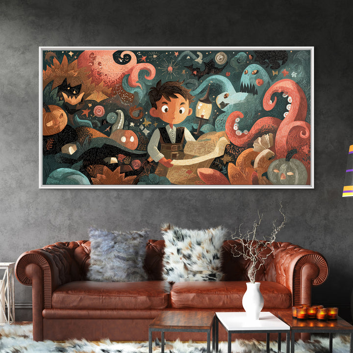 The Mapmaker Of Impossible Shores, Linocut Halloween Art, Wide Panoramic Art, Framed Canvas Print, Cute Halloween Wall Art