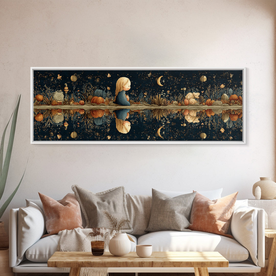 The Mirror Lake Of Lost Constellations, Embroidered Halloween Art, Extra Wide Wall Art, Canvas Print, Cute Halloween Wall Art