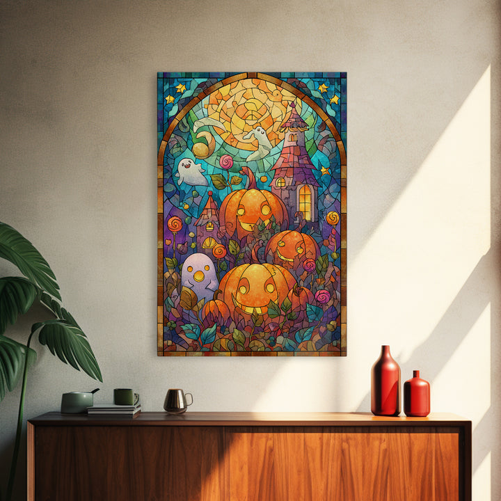 The Starry Pumpkin Farm, Stained Glass Halloween, Vertical Wall Art, Canvas Print, Cute Halloween Wall Art