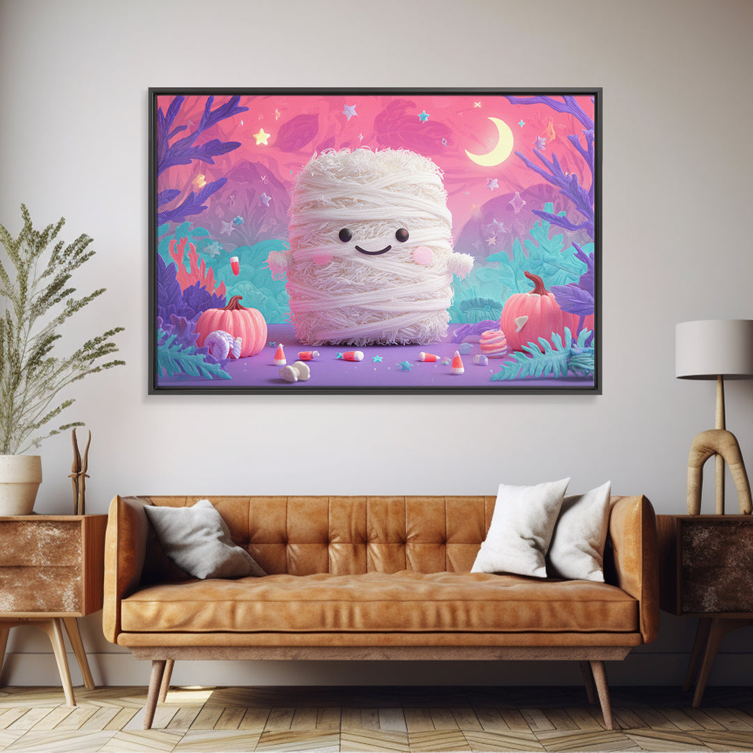 The Popcorn Mummy, Vaporwave Halloween Art, Landscape Wall Art, Framed Canvas Print, Cute Halloween Wall Art