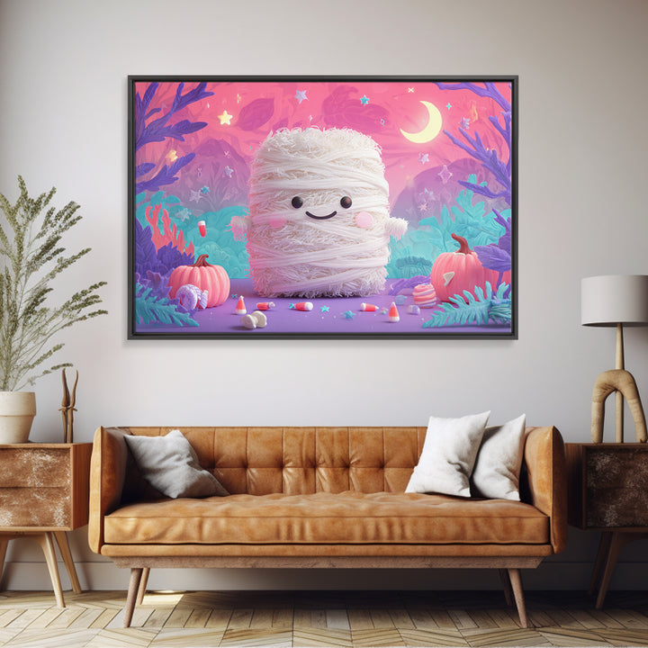 The Popcorn Mummy, Vaporwave Halloween Art, Landscape Wall Art, Framed Canvas Print, Cute Halloween Wall Art