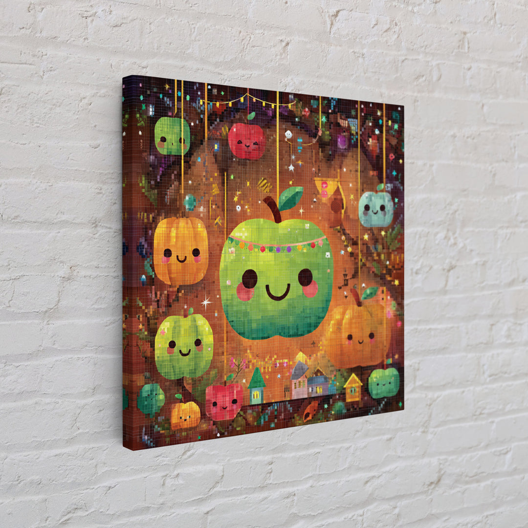 The Candy Apple Dance, Pixel Halloween Art, Square Wall Art, Canvas Print, Cute Halloween Wall Art, Halloween Kids Decor