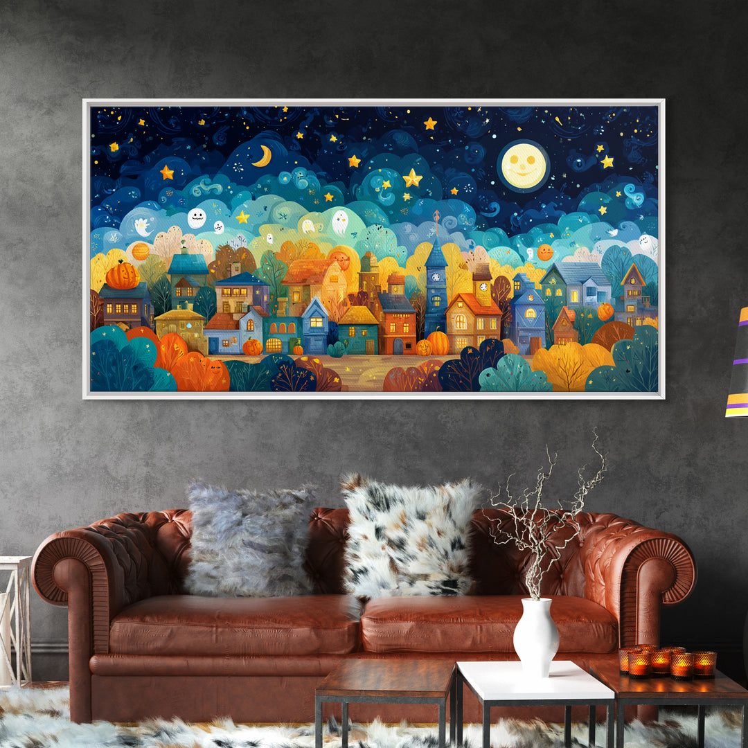 The Rainbow Halloween Night, Vector Halloween Art, Wide Panoramic Art, Framed Canvas Print, Cute Halloween Wall Art