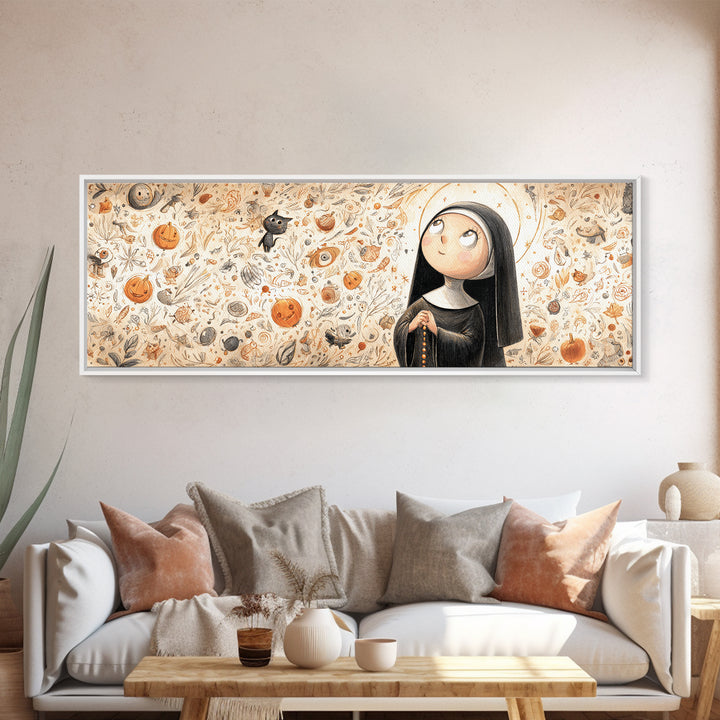 The Nun Of The Endless Constellation, Hand Sketch Halloween Art, Extra Wide Wall Art, Canvas Print, Cute Halloween Wall Art, Storybook Decor