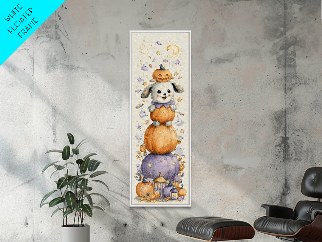 The Pumpkin Puppy, Watercolor Halloween Art, Tall Narrow Wall Art, Framed Canvas Print, Cute Halloween Wall Art