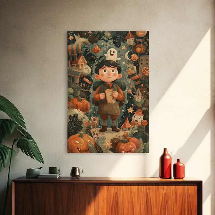 The Candy Map Adventurers, Gouache Halloween Art, Vertical Wall Art, Canvas Print, Cute Halloween Wall Art