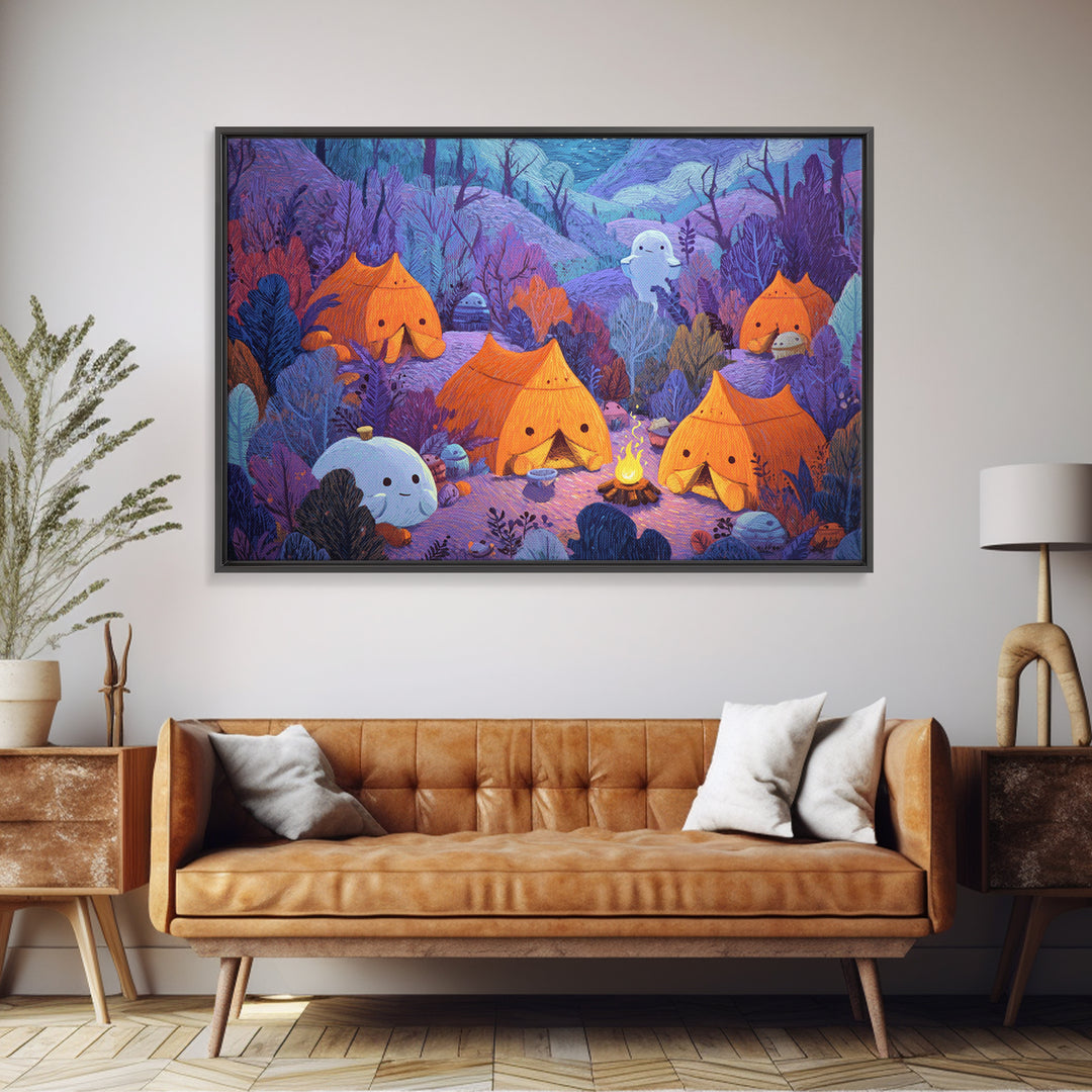 The Pumpkin Campout, Crayon Halloween Art, Landscape Wall Art, Framed Canvas Print, Cute Halloween Wall Art