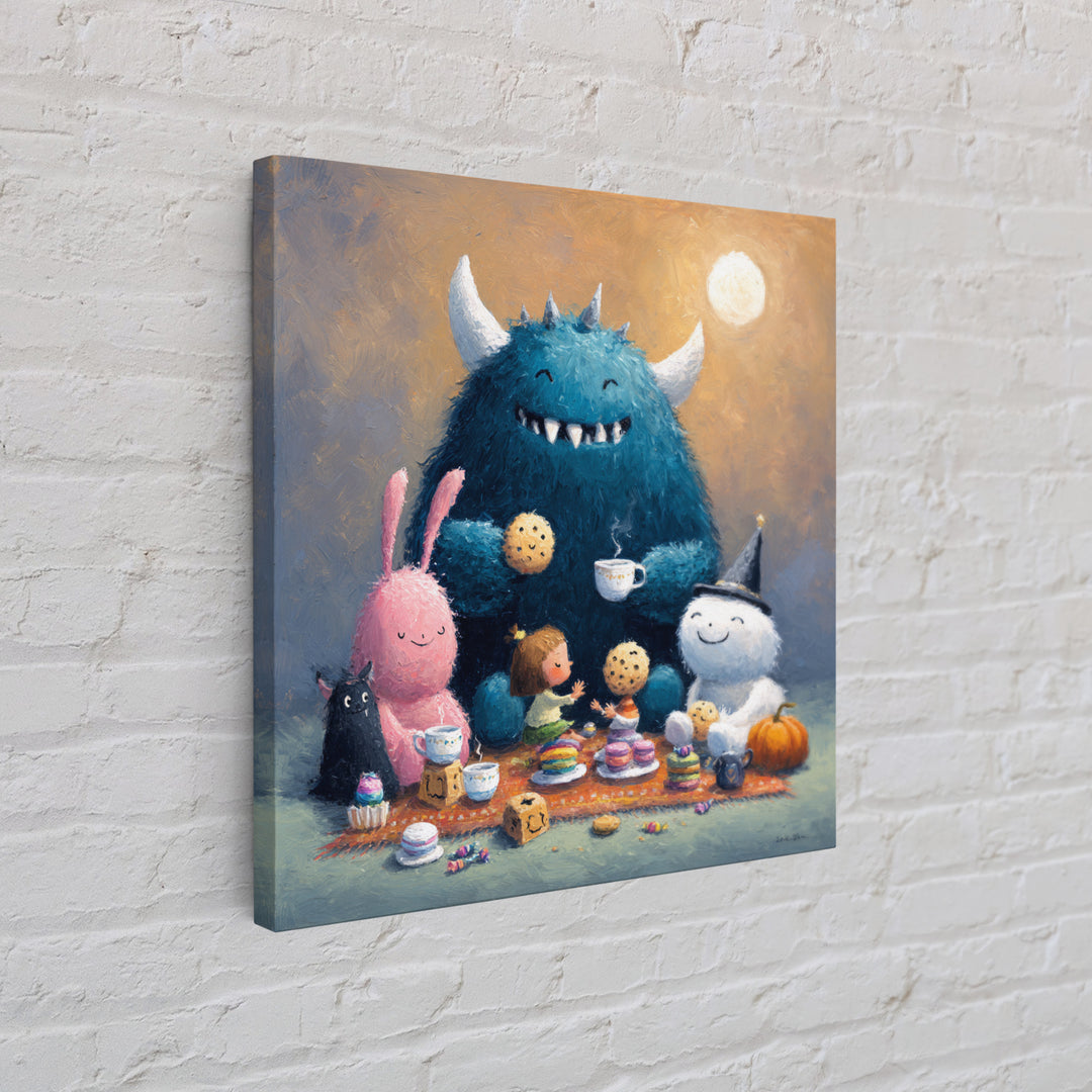 The Monster Under The Bed Tea Party, Pastel Halloween Art, Square Wall Art, Canvas Print, Cute Halloween Wall Art