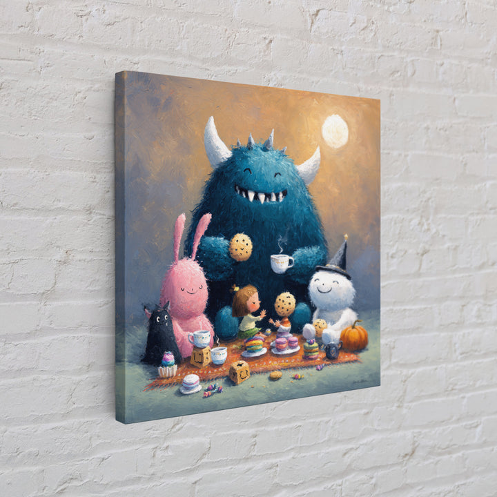 The Monster Under The Bed Tea Party, Pastel Halloween Art, Square Wall Art, Canvas Print, Cute Halloween Wall Art