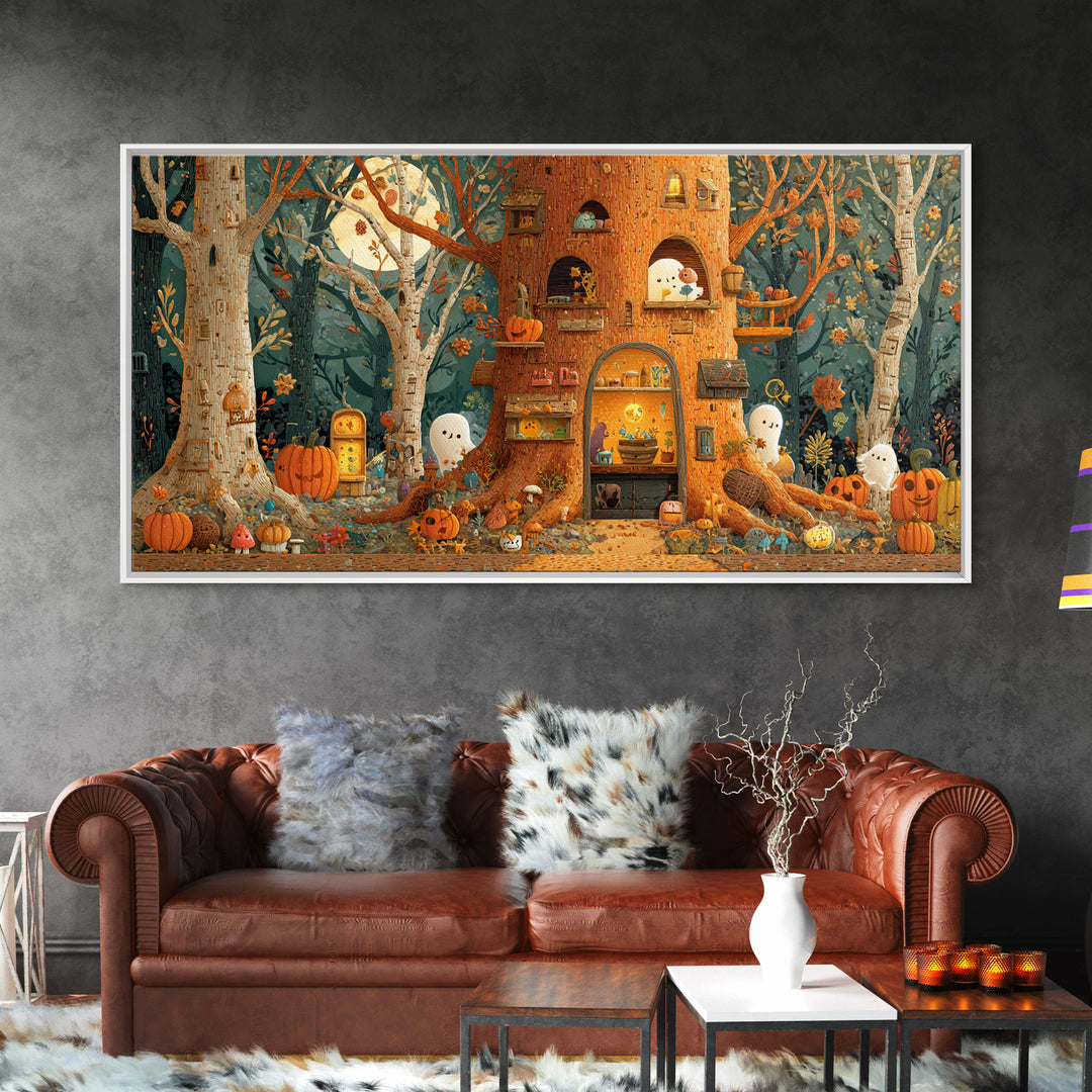 The Cozy Hollow Tree, Paper Collage Halloween, Wide Panoramic Art, Framed Canvas Print, Cute Halloween Wall Art