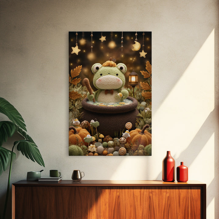 The Cauldron Frog, Plush Halloween Art, Vertical Wall Art, Canvas Print, Cute Halloween Wall Art, Whimsical Nursery Decor
